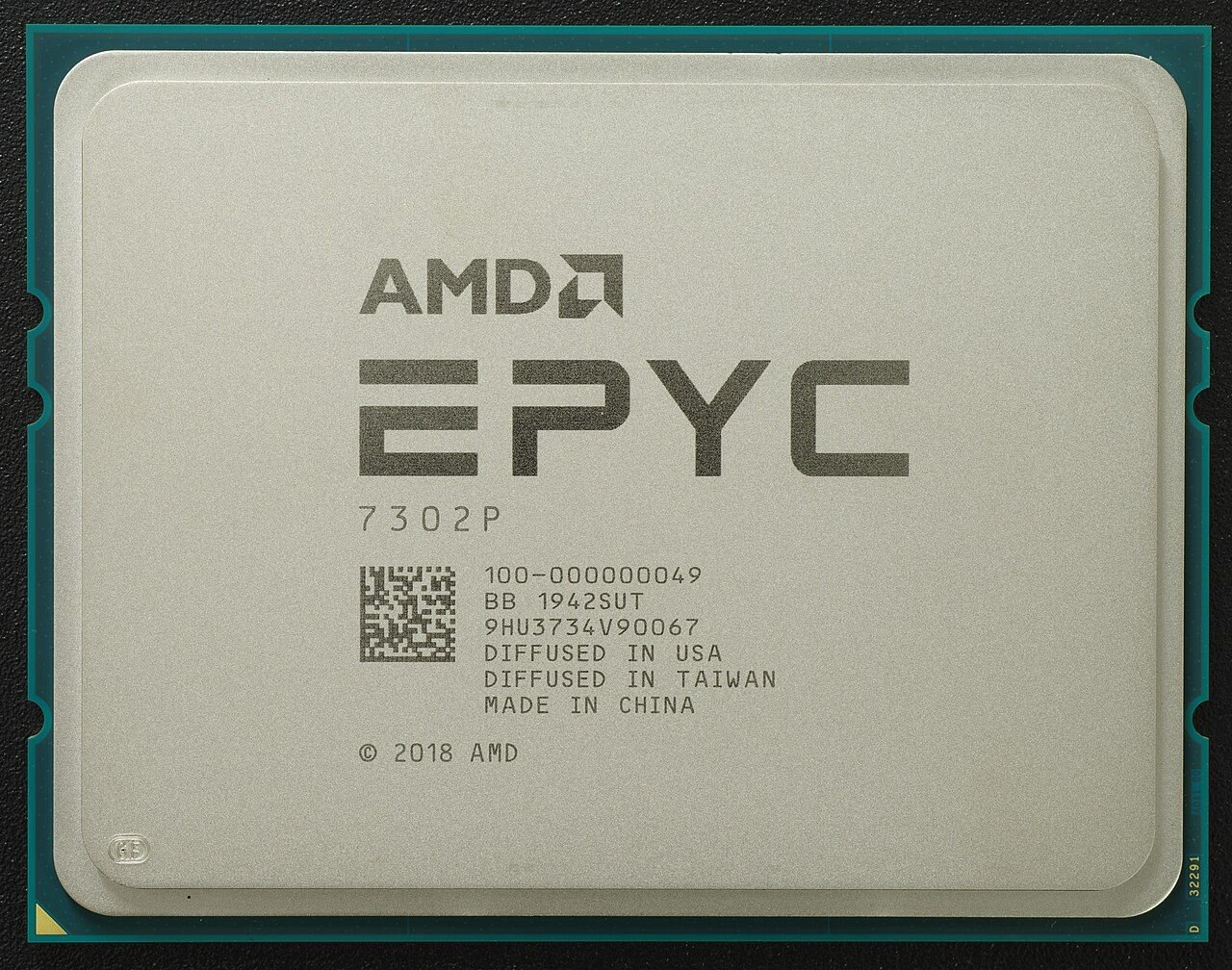 An AMD EPYC 7302P server processor, top side, showing the AMD EPYC lettering on the heat spreader