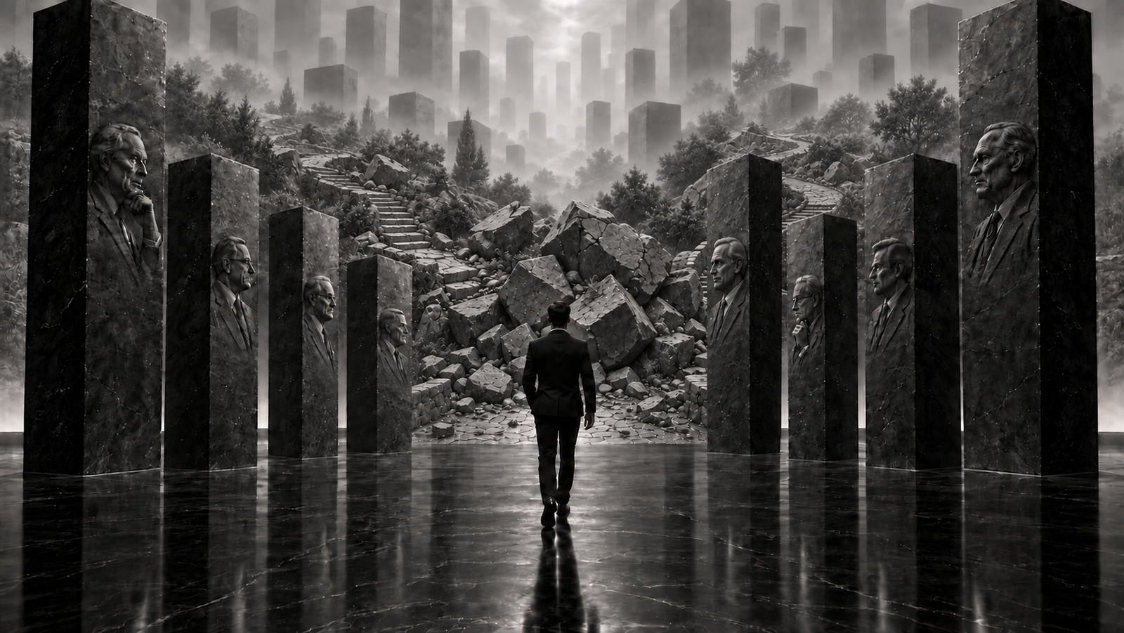 A figure walks an uneven stone path between pillars, representing Phat’s independent path through investing.