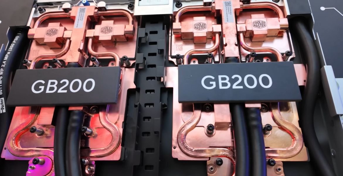 Two NVIDIA GB200 Grace Blackwell superchip modules under copper liquid-cooling plates in a server tray